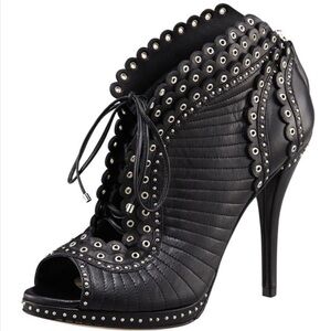 Auth Dior Black scallop lace up studded high heels booties 7.5